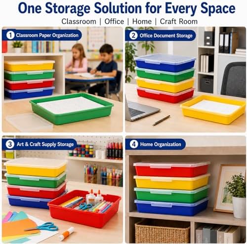 Svartur Flat Storage Bins with Lids, Letter Size Paper Storage Bins Set of 4, Stackable Classroom Turn In Bins with Secure Latching Lid, Plastic Storage Organizer for Teachers, Office & Home - Image 3