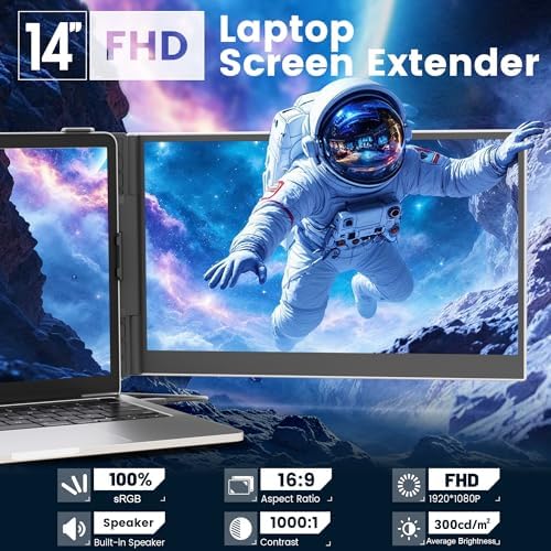 domyfan 14" Laptop Screen Extender, Ultra-Thin Portable Dual Laptop Monitor Extender with FHD 1080P IPS Display, Plug & Play via HDMI/USB-A/Type-C for 13-17" Laptops, Works with Windows/Mac/Android - Image 2