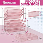 MINDEPOT 4-Tier Paper Organizer + 3-Pocket File Holder + Drawer + Pen Holders, Desktop File Organizers Paper Tray for Office Supplies School Classroom Organization (Pink, with Drawer & Pen Holder) - Image 2
