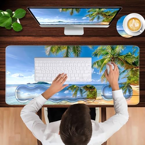 Keyboard Wrist Rest and Mouse Pad with Wrist Support Set Ergonomic Coaster,Memory Foam,Easy Typing Pain Relief,Large XL Desk Mat 31.5"x 11.8",Shore Palms Tropical Beach - Image 4