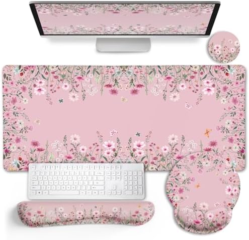 LIMKRIAN Floral Desk Mat Set, Cute Pink Desk Accessories Gifts for Women by LIMKRIAN