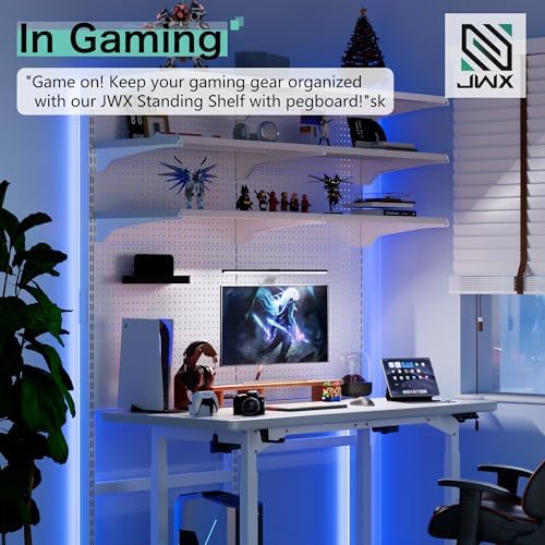 JWX Standing Pegboard Shelf Unit, White Gaming Home Office Garage Cabinets with Metal Pegboard and 15 Pieces Organizer Tool Holders - Image 6