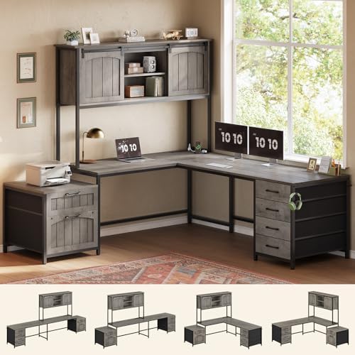 SEDETA Reversible Farmhouse L Shaped Office Desk with 6 Drawer, Hutch by SEDETA