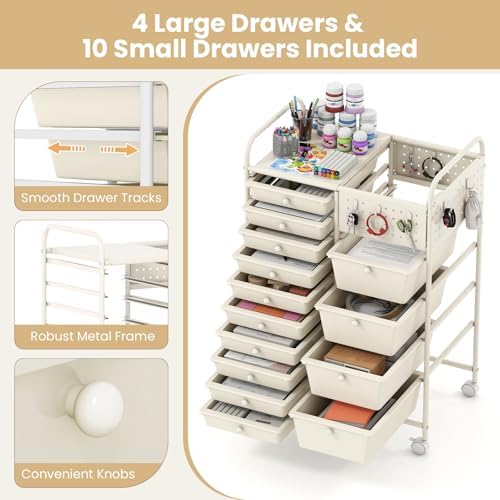 Giantex 14 Drawer Storage Cart, Rolling Craft Cart with Metal Tabletop & Pegboard, Mobile Utility Organizer Trolley with Locking Wheels, Home Office, Ivory - Image 5
