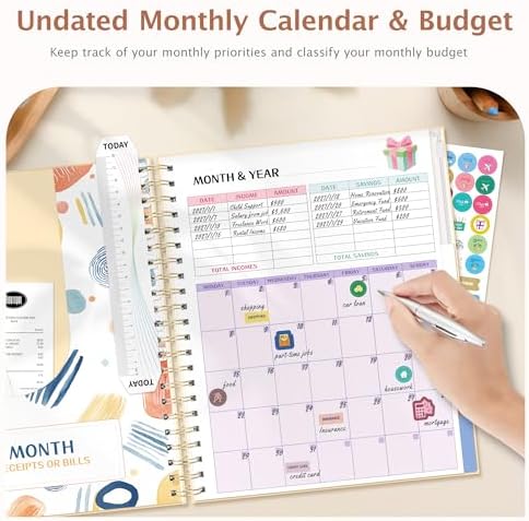 Ospelelf Budget Planner Undated, Money Expense Tracker with Pocket & Stickers, Thick Cardboard Cover, Large Pages for Spacious Writing, Original Fun Colorful Design, 12 Month Financial Notebook Beige - Image 3