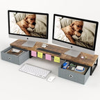 39 Inch Dual Monitor Stand Riser with 2 Drawers - Large Brown Wooden Computer Stand for 2 Monitors, Ergonomic Desk Organizer with Phone Holder, Desktop Storage for Laptop, Office Supplies, Home Office by Mexin