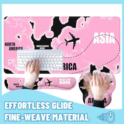 Pink World Map Desk Mat Set Travel Route Large Mouse Pad with Wrist Rest 4in1 Desk Mat for Desktop Ergonomic Keyboard Wrist Support Anti-Slip Computer Ergonomic Mouse Pad Home Office Gaming - Image 4