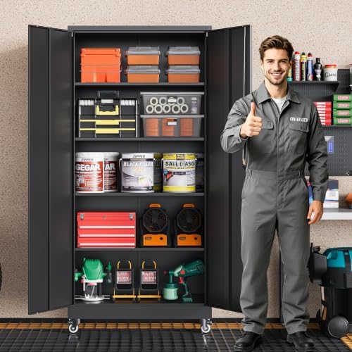 MIIIKO 75" Tall Metal Storage Cabinets with Wheels,Garage Storage Cabinet with Lock,Heavy Duty Tool Cabinets with 2 Doors and 4 Shelves for Garage,Home Office,Shop,Warehouse（Black） - Image 2