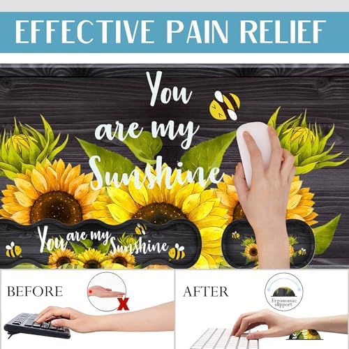 4 in 1 Mouse Pad Combo, Large Gaming Mouse Pad + Keyboard Wrist Support + Mouse Wrist Rest + Coaster, Table Pad with Stitched Edge Ergonomic Wrist Pad Set, Sunflower, You are My Sunshine - Image 5