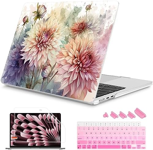 Mektron for 2026/2025/2024/2023 MacBook Air 15 INCH M5 A3448 /M4 A3241 /M3 A3114 /M2 A2941 Case, Printed Plastic Hard Shell Cover with 15.3" Liquid Retina Display Touch ID, Watercolor Dahlias by Mektron