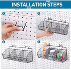 Suzile 2 Pcs Divided Pegboard Baskets Set Metal Garage Storage with 4 Pegboard Hooks Wall Mount Organizer for Workbench Bathroom Accessory Storage, 3 Grid(Black) - Image 4