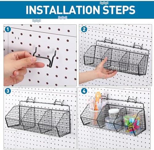 Suzile 2 Pcs Divided Pegboard Baskets Set Metal Garage Storage with 4 Pegboard Hooks Wall Mount Organizer for Workbench Bathroom Accessory Storage, 3 Grid(Black) - Image 4