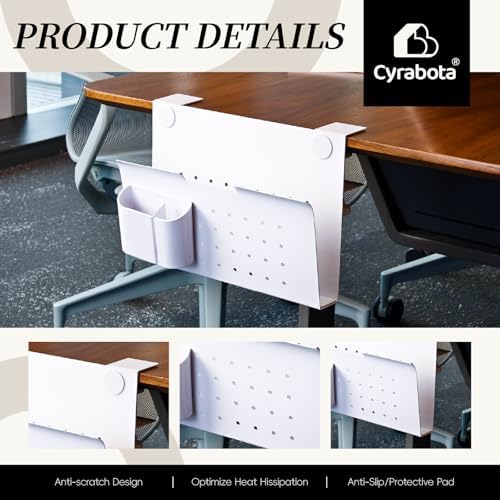 Under Desk Laptop Holder, No Drill Table Side Storage Organizer, White Clamp On Desktop Shelf Steel Table Hanging Mount File Tray, Desk Accessories & Workspace Organizers (White) - Image 5