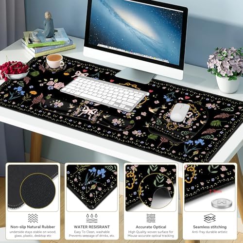 Mouse Pad with Wrist Support 4 in1 Set, XXL Big Game Mousepad + Keyboard Wrist Rest + Mouse Wrist Rest Pad +Coaster Gaming Mat for Home Office Work Computer Laptop I Vintage Floral Romantic Bow - Image 7