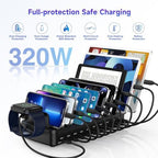 320W Charging Station for Multiple Devices, 10 Ports Fast Multi-Device Charger Organizer Compatible with MacBook Pro Laptop, iPhone, Android, Ipad, Tablet, Kindle, Multi-Device Charging Dock（Black） - Image 5
