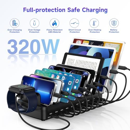 320W Charging Station for Multiple Devices, 10 Ports Fast Multi-Device Charger Organizer Compatible with MacBook Pro Laptop, iPhone, Android, Ipad, Tablet, Kindle, Multi-Device Charging Dock（Black） - Image 5