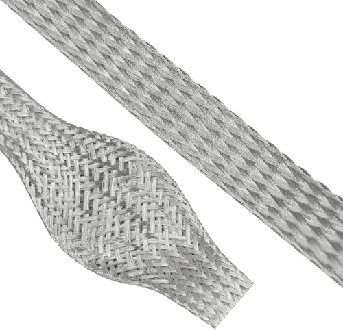 Tinned Copper Braid Wire Shielding Ground Strap Metal Cable Sleeve Expandable Flexible Flat Mesh (1/2 in Wide(0.32 in Dia)-65ft) by BuyUneed