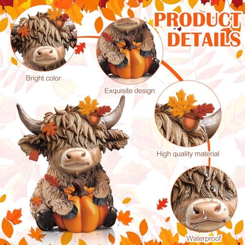 Karenhi 2 Pcs Fall Highland Cow Figurines Resin, Autumn Tabletop Decor - Image 5