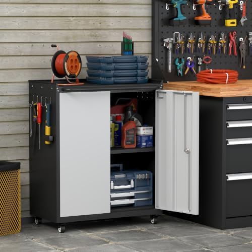 32''H Metal Storage Cabinet with Wheels, Garage Tool Storage Cabinets with Lock, Lockable Steel Rolling Tool Chest with Doors & Adjustable Shelves for Garage, Home, Office - Image 6