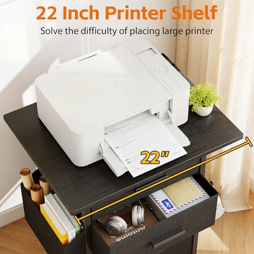 Mexin 3 Drawer File Cabinet with 22'' Extended Desktop, Mobile Filing Cabinet, Printer Stand, Rolling Printer Stand with Side Bag, Fabric Drawer, Fits A4 Size, Home Office, Black - Image 4
