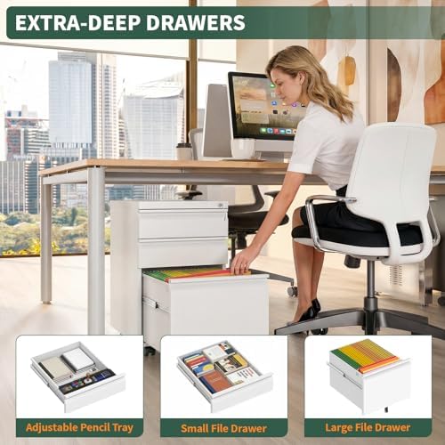 3 Drawer White File Cabinet with Lock, Rolling Under Desk Cabinet - Image 6