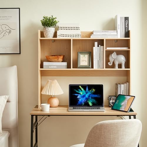 Nromant Desktop Bookshelf, Wooden Desk Storage Hutch with 6 Shelves for Computer Desk, 3-Tier Desktop Display Organizer Rack for Office Home (Natural) - Image 5