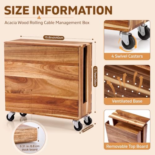 Extra Large Acacia Wood Cable Management Box with Caster Wheels, Wood Color - Image 2