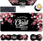 Keyboard Wrist Rest and Mouse Pad with Wrist Support Set Ergonomic Coaster,Memory Foam,Easy Typing Pain Relief,Large XL Desk Mat 31.5"x 11.8",Floral Christian Quote by CICPLKSE