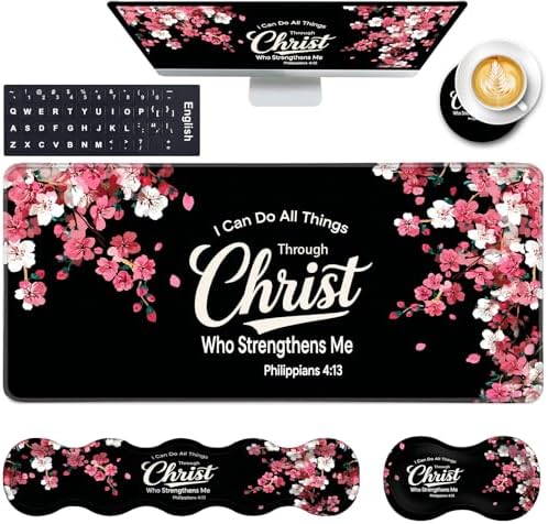 Keyboard Wrist Rest and Mouse Pad with Wrist Support Set Ergonomic Coaster,Memory Foam,Easy Typing Pain Relief,Large XL Desk Mat 31.5"x 11.8",Floral Christian Quote by CICPLKSE