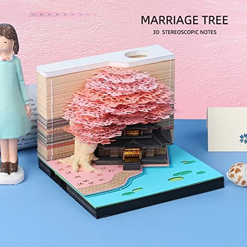 3D Memo Pad Tree Model Colorful 3D Sticky Notes Paper Notes,3D Art Notepad with Pen Holder LED(Pink Marriage Tree) - Image 2