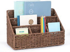 DINGTAI Rattan Desk Organizer, Tabletop Mail Holder, 5 Slot Mail Organizer Countertop Basket, Rattan Office Supplies, Boho Office Desk Accessories, Wicker Desk Organizer, Magazine Holder（Brown） by DINGTAI