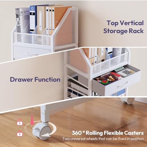 SWTYMIKI 9-Tier Rolling File Cart - Paper Organizer with Drawer and Trays, Wood Desk Office Organizer, Office Organization and Binder Storage for Workspace, Home, School, White - Image 5