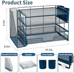OPNICE Desk Organizer, 4-Tier Desktop File Organizer with Drawer and Pen Holders, Office Desk Accessories, File Sorters, Workspace Organizers for Office Supplies(Dark Blue) - Image 3