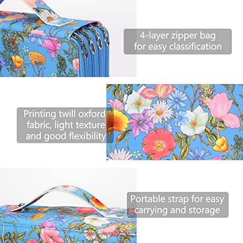 Colored Pencil Case - Large Capacity Colored Pencil Holder with Zipper Closure Twill Fabric Pencil Case for 300 Colored Pencils or 200 Gel Pen, Pencil Case Organizer for Artist (Blue Flower) - Image 3