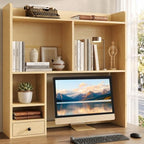 knoworld Desktop Bookshelf for 27" Monitor, 36.4" Tall Dorm Desk Hutch Organizer with 5 Shelves & 1 Drawer, Engineered Wood Desk Shelf for Computer Desk, Natural by KNOWORLD