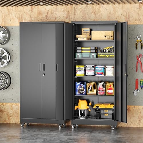INTERGREAT73 Garage Storage Cabinet with Wheels, Rolling Metal Storage Cabinet with Locking Doors and 4 Adjustable Shelves,- 73" Steel Tool Cabinet for Home Office,Garage,Warehouse，Black - Image 2