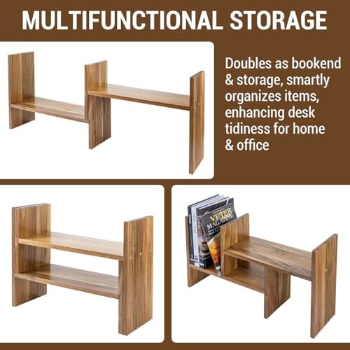 MyGift Premium Acacia Solid Wood Adjustable Desktop Book Shelf with Fluted Side Panels, Wooden Desk Storage Home Office Supplies Organizer, 2 Piece Shelves - Image 5