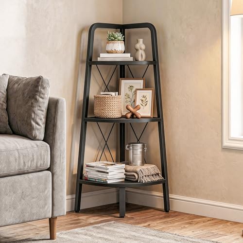 HOOBRO Corner Shelf, 3-Tier Corner Shelf Stand, 40" Tall Ladder Bookshelf, Industrial Corner Display Shelf Plant Stand for Living Room, Kitchen, Home Office, Black BB143CJ01 - Image 2