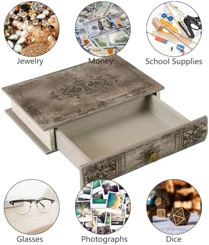 Vintage Book-Shaped Storage Box with Drawer, Distressed Vintage Brown Faux Leather Finish and Gothic Medallion Motif, Decorative Hidden Organizer for Home or Office 9.5″ x 6.7″ x 2″ - Image 3
