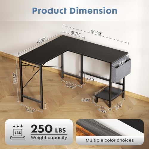 DUMOS L Shaped Computer Corner Desk with PC Stand, Black - Image 2