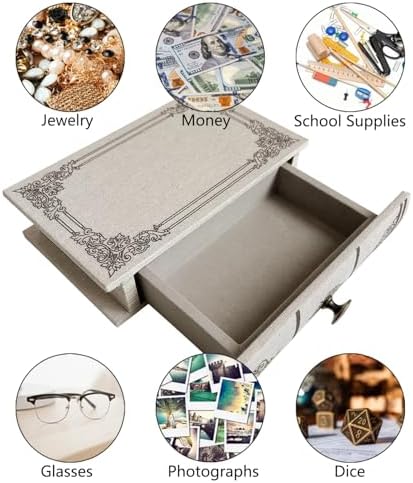 Vintage Book Storage Box with Drawer, Natural Linen-Textured Cover with Classic Frame Pattern, Hidden Organizer for Jewelry, Keepsakes or Desktop Use 9.5″ x 6.7″ x 2″ - Image 3
