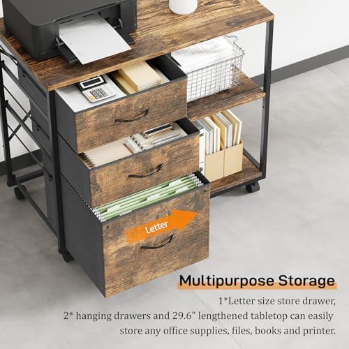 VINGLI 3 Drawer File Cabinet with Wheels Under Desk Printer Stand, Rolling File Cabinet with Shelves Adjustable, Mobile Lateral Filing Cabinet for Home Office, Fits Letter Size, Rustic Brown - Image 4