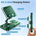 6 in 1 Wireless Charger for Apple Multiple Devices, Charging Station with Clock &7 Color Ambient Light, Foldable Rotate Stand for iPad, for iPhone17/16/15, Support for Apple Watch11/10 For AirPods4 - Image 6