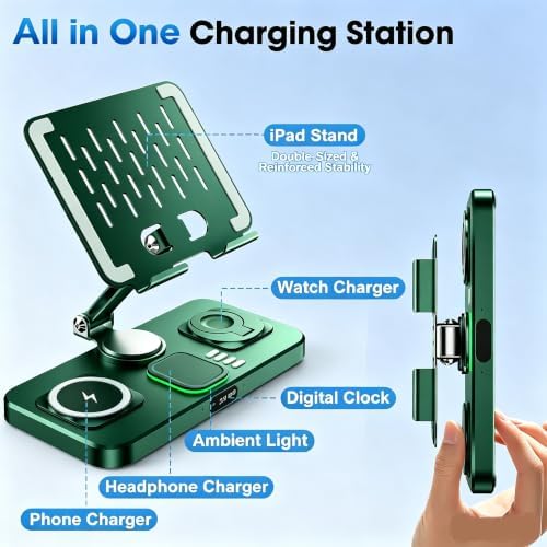 6 in 1 Wireless Charger for Apple Multiple Devices, Charging Station with Clock &7 Color Ambient Light, Foldable Rotate Stand for iPad, for iPhone17/16/15, Support for Apple Watch11/10 For AirPods4 - Image 6