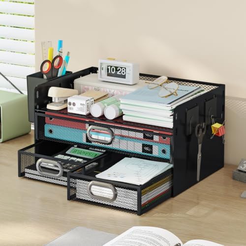 Drawer Organizers 3 Tier Mesh Desk File Holder with Pen Holder - Image 2