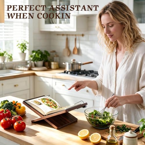 Walnut Wooden Cookbook Stand with Elastic Page Clips, 15.8" x 9.5" x 5.5" Large Recipe Book Holder for Kitchen Counter, Hands Free Display Stand for Cooking - Image 2
