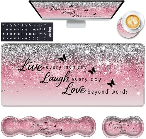 Keyboard Wrist Rest and Mouse Pad with Wrist Support Set Ergonomic Coaster,Memory Foam,Easy Typing Pain Relief,Large XL Desk Mat 31.5"x 11.8",Pink Glitter Quote Live Love Laugh by CICPLKSE