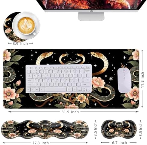 Mouse Pad,Large Desk Mat Set, 4in1 XL Mousepad + Keyboard Wrist Rest+Mouse Wrist Rest+Coaster with Ergonomic Desk Pad for Home Office Table Computer Cover -Aesthetic Snake Floral - Image 6
