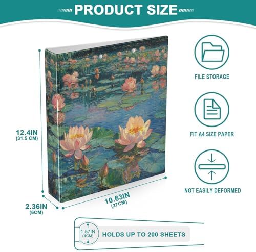 JIPONI 3 Ring Binder Lotus Monet 1 Inch Round Binders for Men Women Students, Cute File Organizer for Office Home School - Image 5