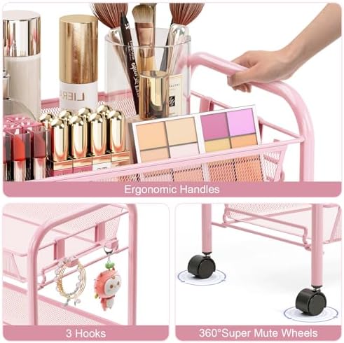 TOOLF 3 Tier Rolling Cart, Metal Utility Storage Cart with Wheels, Pink - Image 4